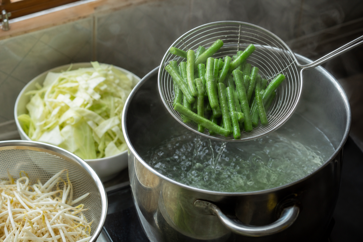 手順3: 野菜を別々に短くゆでる