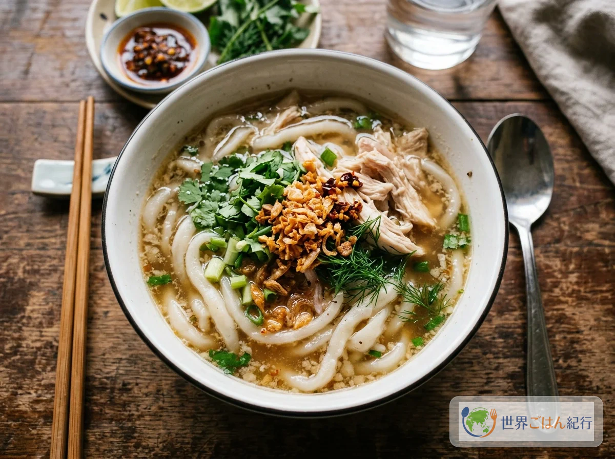 ラオスの国民的麺料理カオピヤックセン。手打ちの太い米麺がチキンブロスに浮かび、フレッシュハーブと揚げにんにくが添えられている