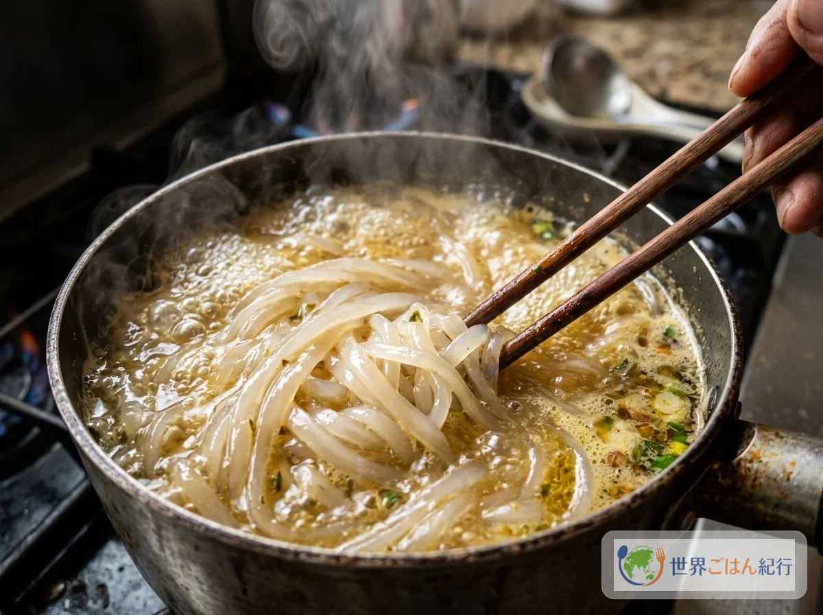 手順4: 麺をブロスで煮る(5分)