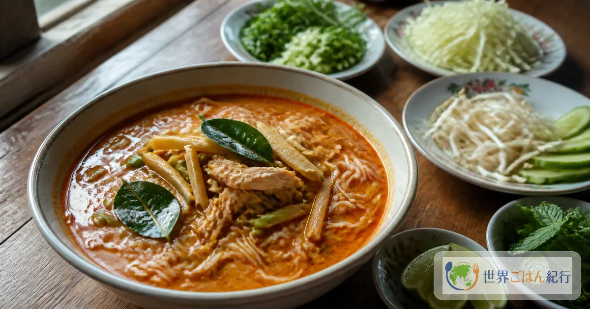 赤いココナッツカレーの汁に米麺と鶏肉を盛り、キャベツやもやし、香草を添えたラオスのカオプーン