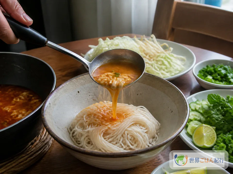 手順6: 麺、汁、野菜を器で合わせる(5分)