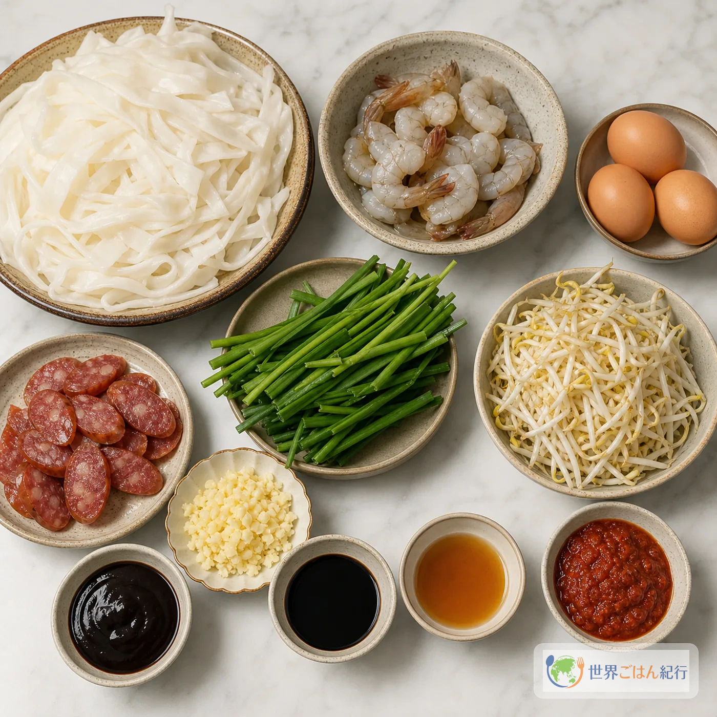 チャークイティオに使う平たい米麺、えび、卵、もやし、ニラ、腸詰、調味料