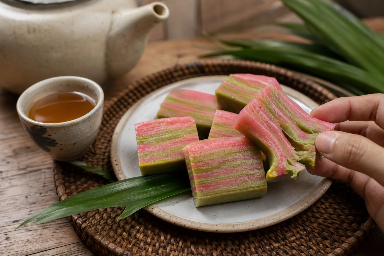 白とピンクのクエ・ラピスを指で分けて食べるマレーシアの菓子の食卓