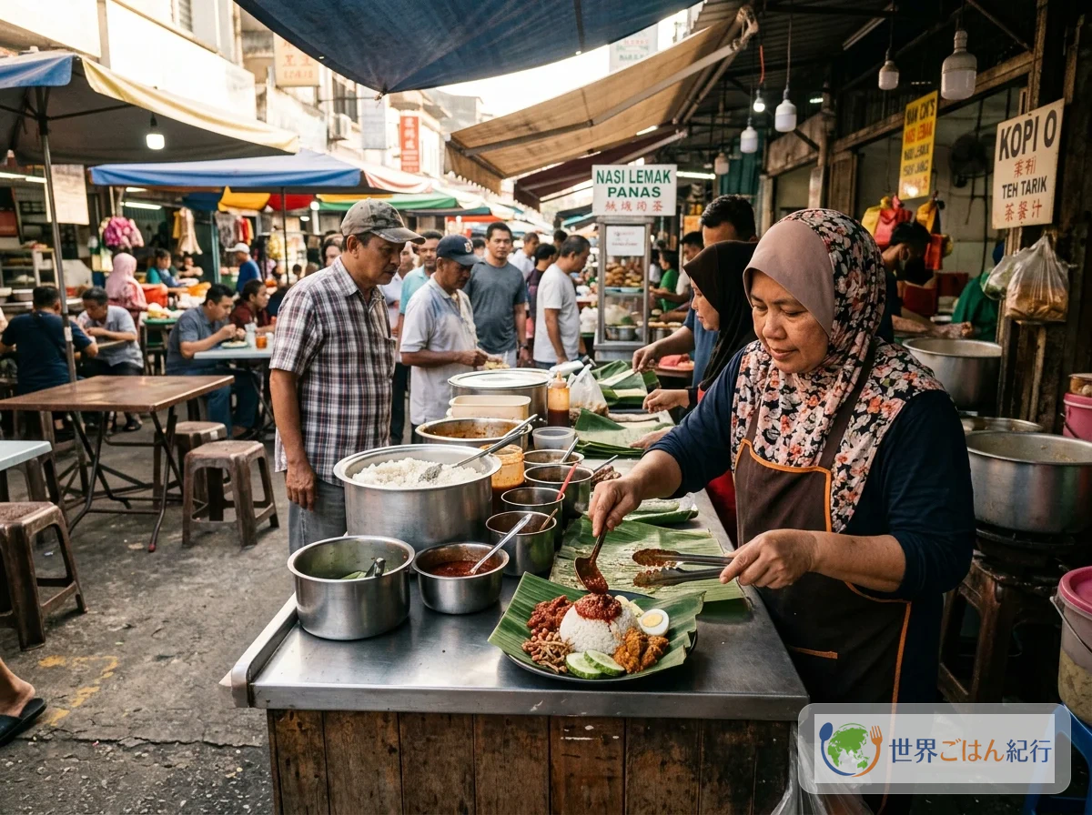 マレーシアのホーカー（屋台）の朝食風景。ナシレマが並んでいる