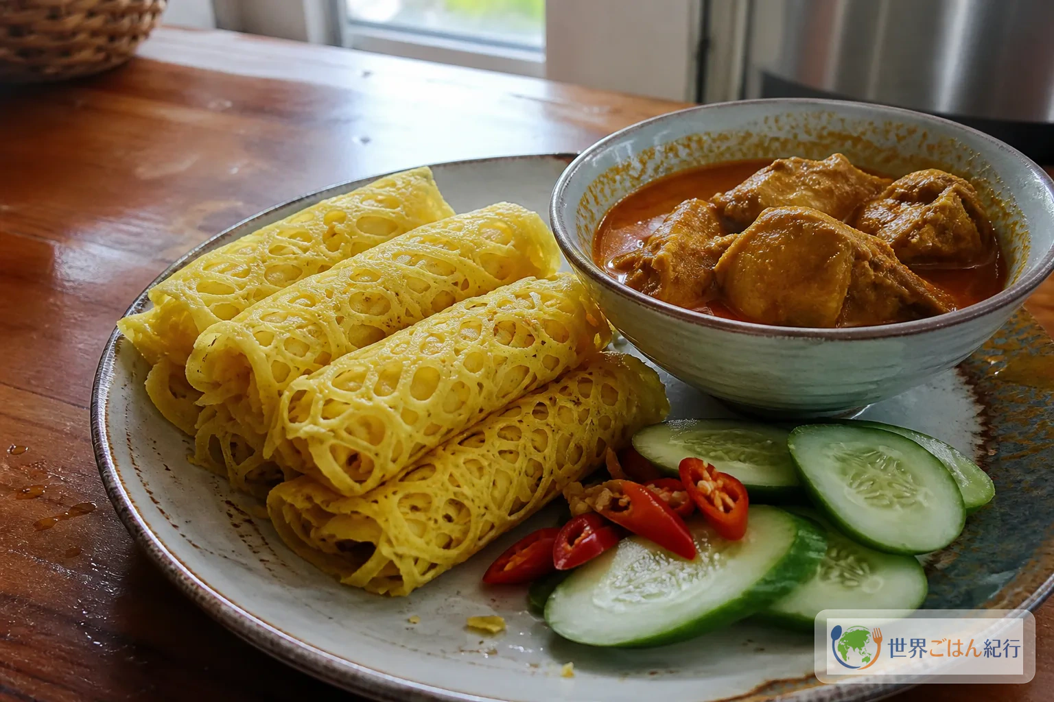 網目状に焼いた黄色いロティジャラを巻き、チキンカレーときゅうりを添えたマレーシア料理の皿