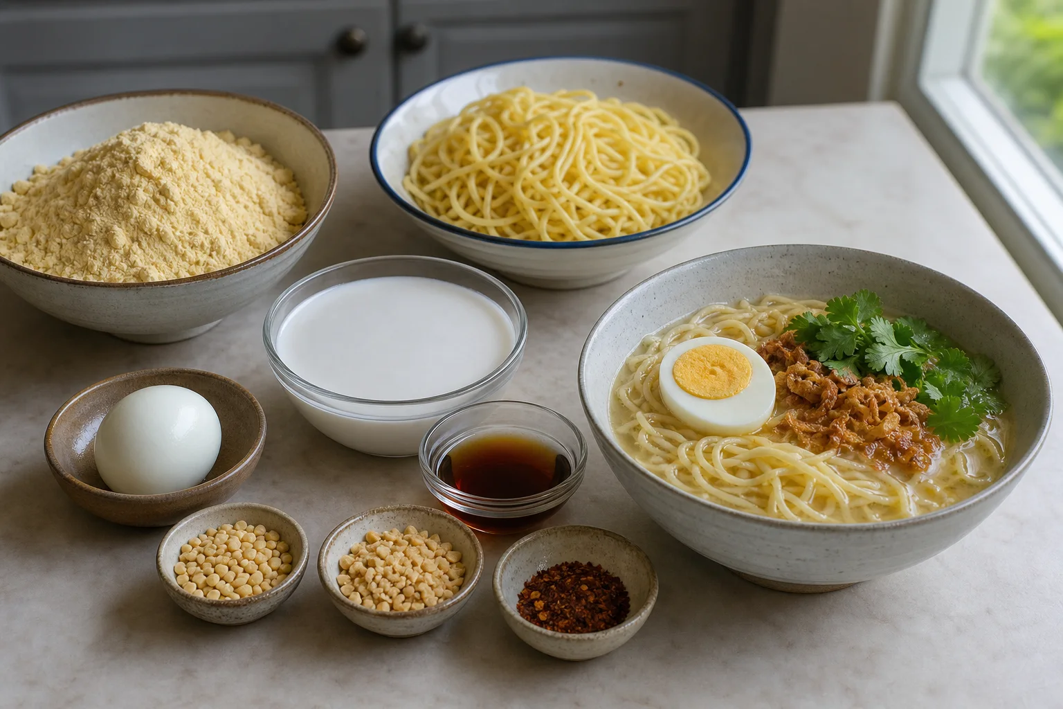 オーノ・カウスエの器と、ひよこ豆粉や麺の代替材料を小皿に分けた様子