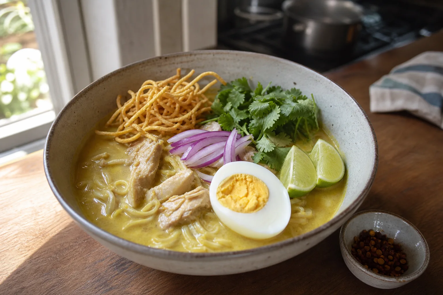 ココナッツミルクのスープに卵麺、鶏肉、ゆで卵、揚げ麺、ライムを添えたミャンマーのオーノ・カウスエ