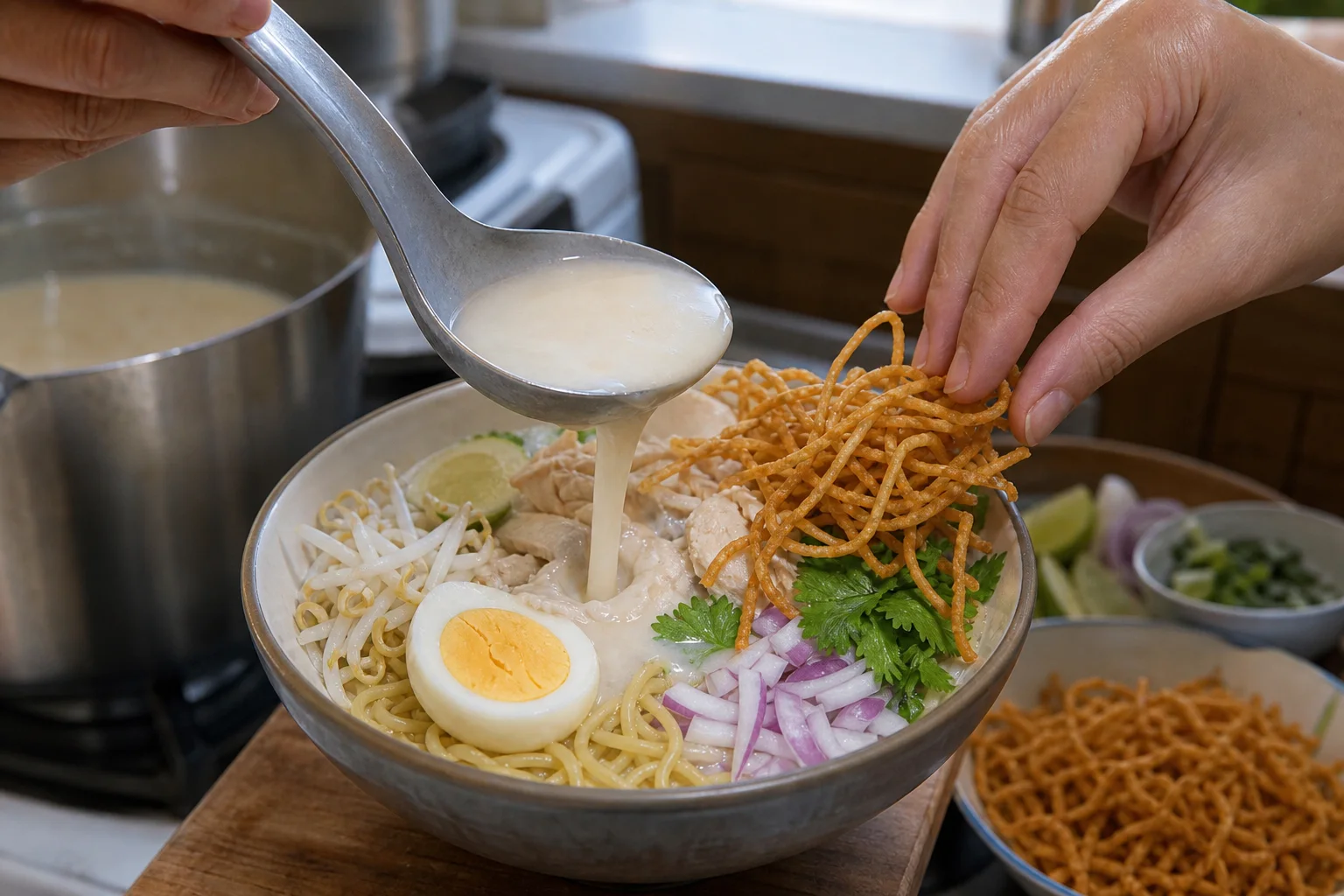 手順5: 麺と揚げ麺を用意し、器で仕上げる