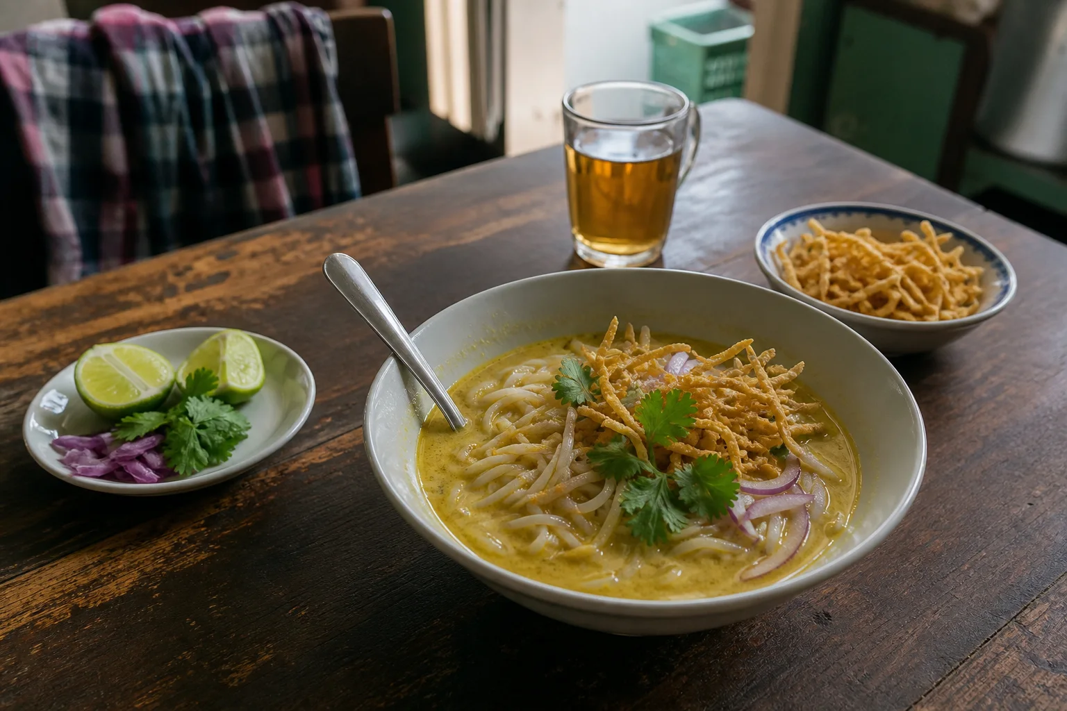 ミャンマーの食卓に置かれたオーノ・カウスエ。白いココナッツ麺に揚げ麺とライムが添えられている