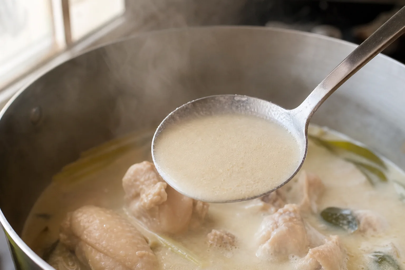 スプーンの背に薄くまとわりつく白いココナッツスープの濃度