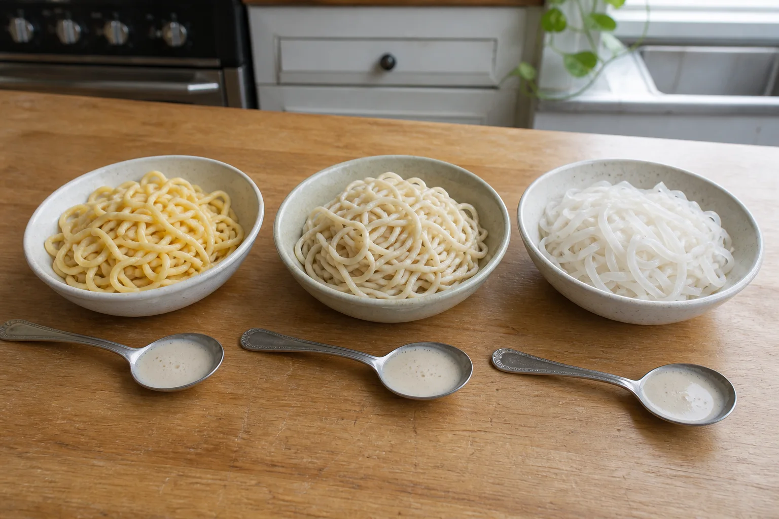 卵麺、米麺、中華麺を並べて食感の違いを比べる準備