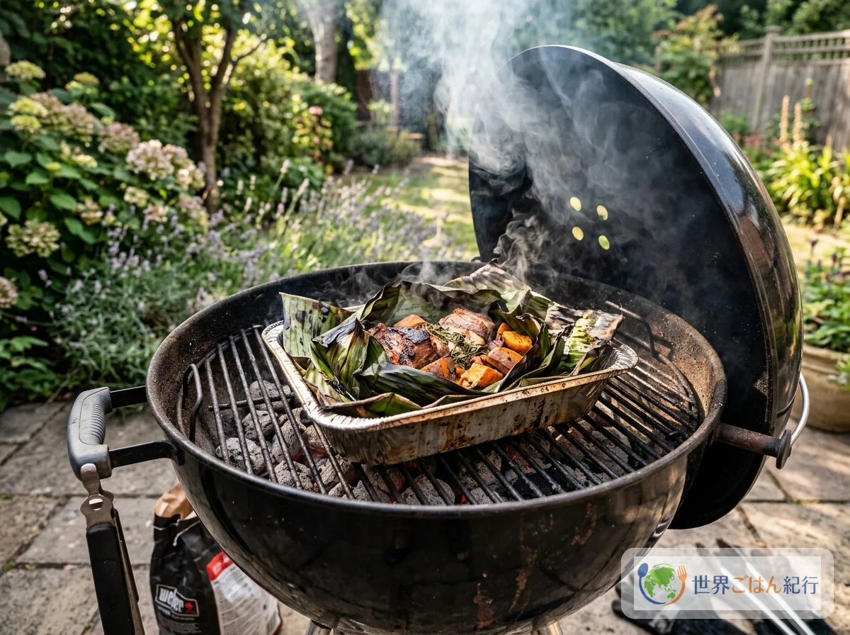 BBQグリルでアルミトレイに入れたムームーを調理する様子