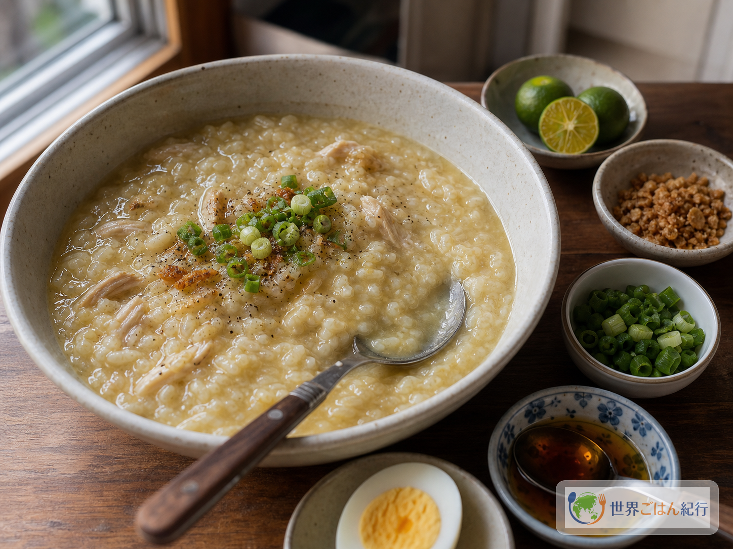 器のアロスカルド、カラマンシー、パティス、ゆで卵、フライドガーリックを並べた質問用の食卓