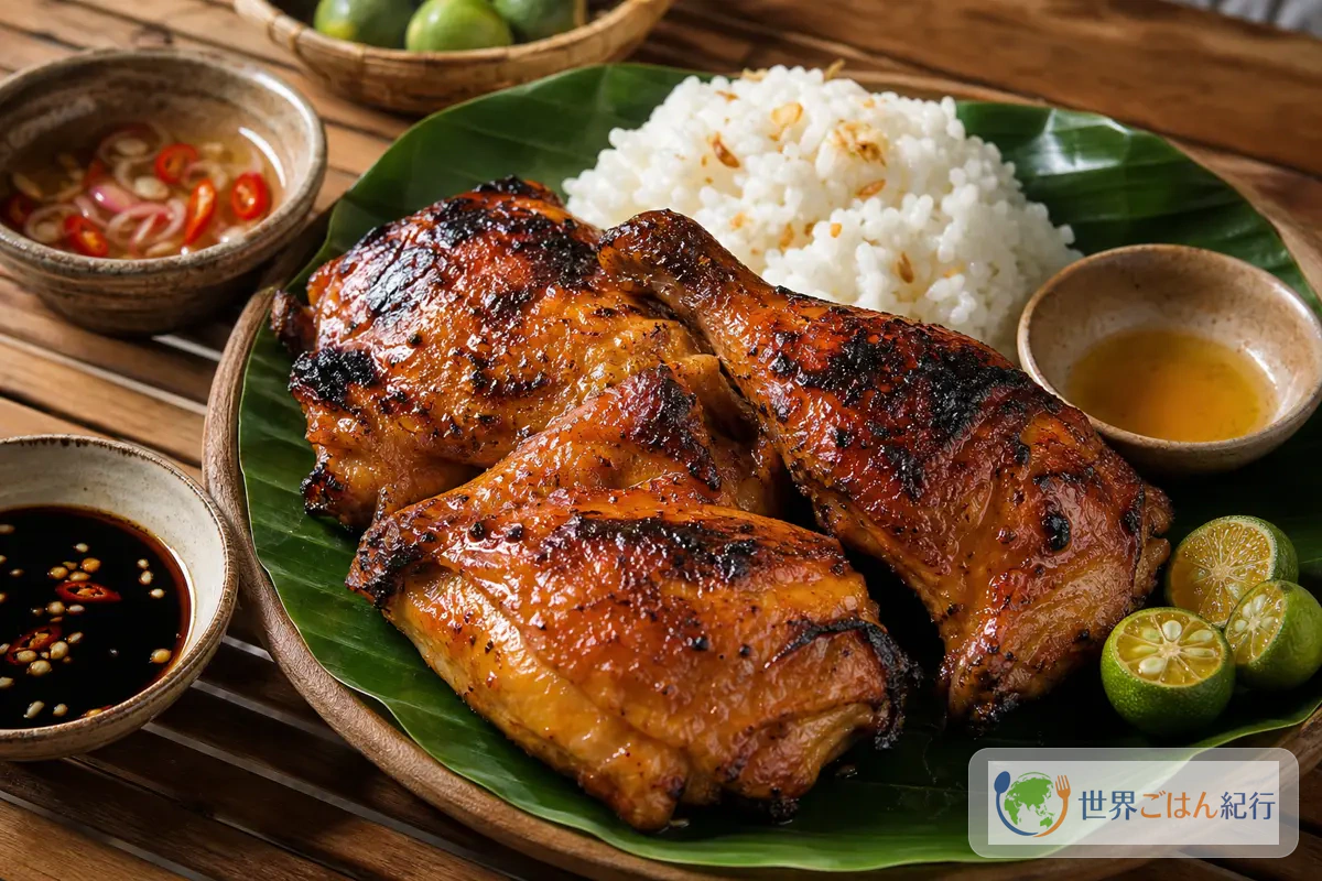 バナナの葉にのせたフィリピンのチキンイナサル。炭火で焼いた鶏肉にガーリックライスとカラマンシーを添えた一皿