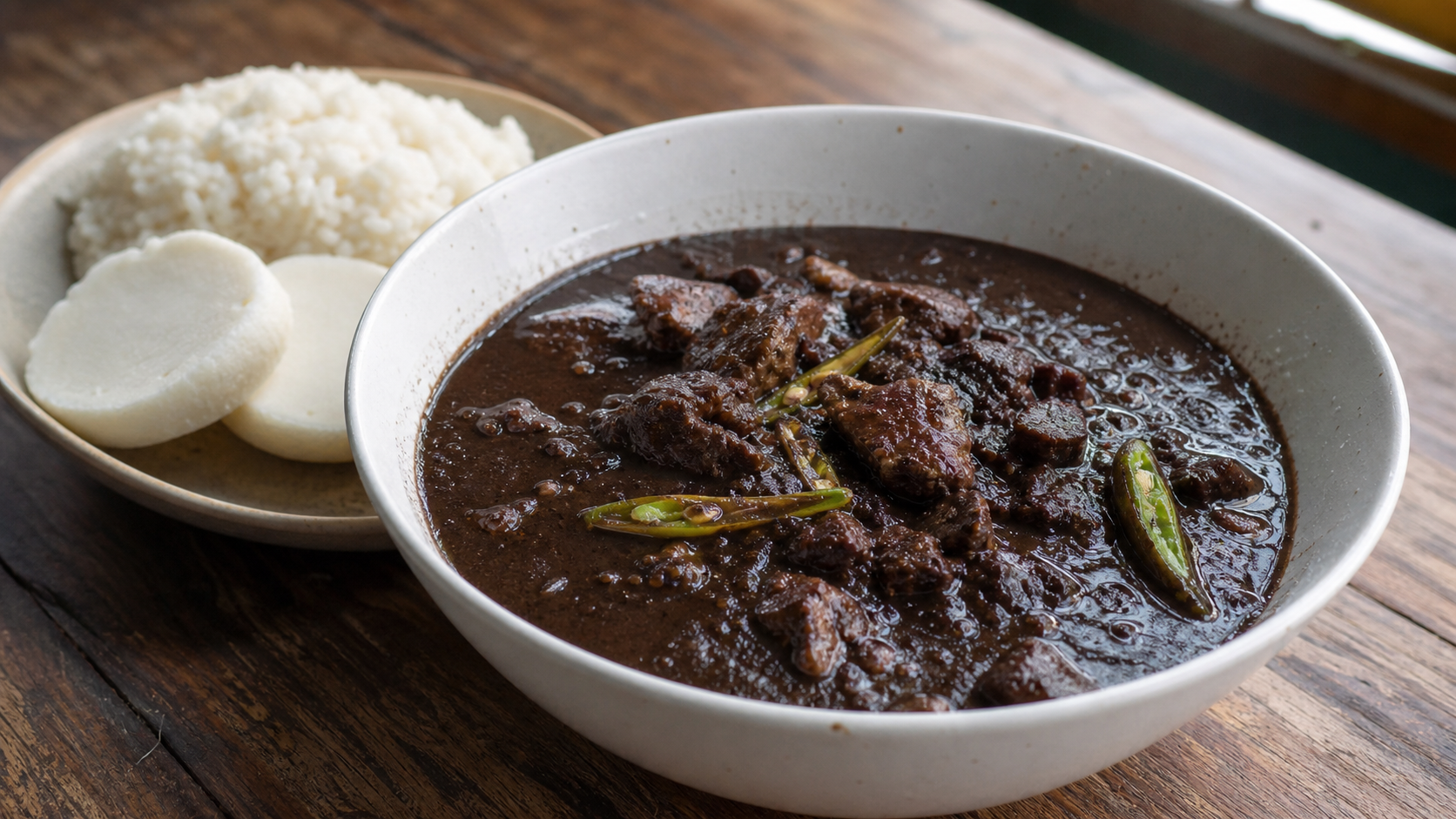 白ごはんとプトを添えたフィリピンのディヌグアン。豚肉を黒く濃い豚血ソースで煮込んだ一皿