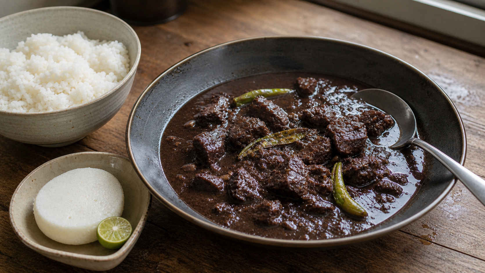 白ごはんとプトを添えたフィリピンのディヌグアン。深い器に豚血ソースと豚肉を盛り、ライムを添えた食卓