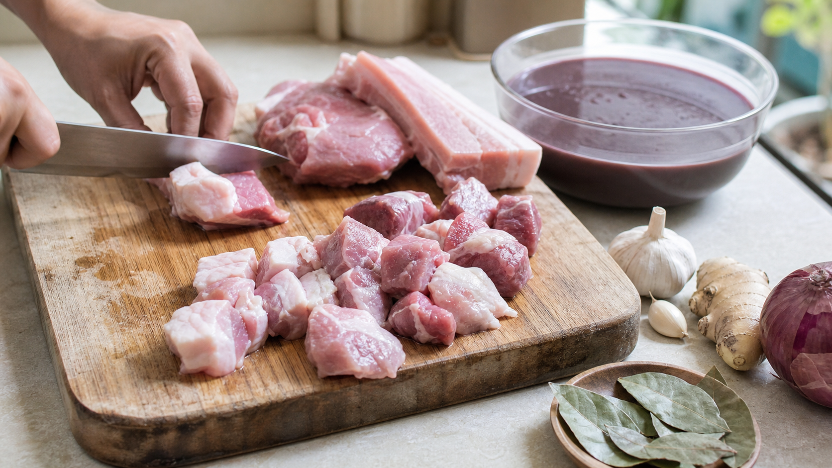 手順1: 肉を切り、豚血を酢でほぐす