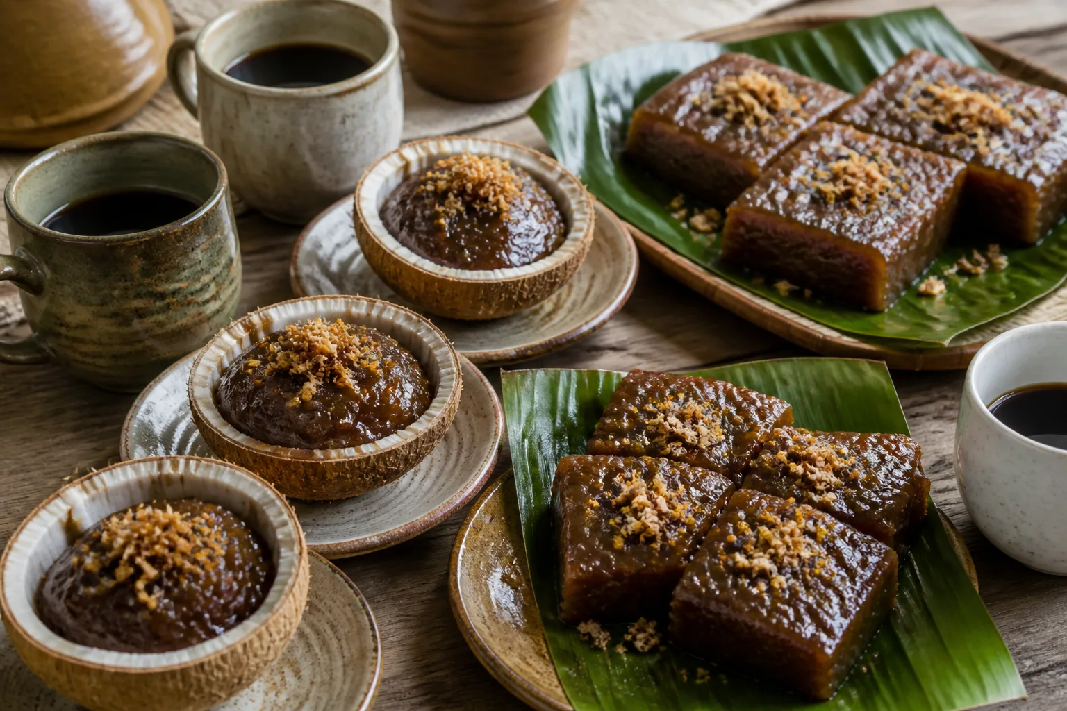 ココナッツの殻やバナナの葉にカラマイを盛り、コーヒーを添えたフィリピンのおやつの食卓