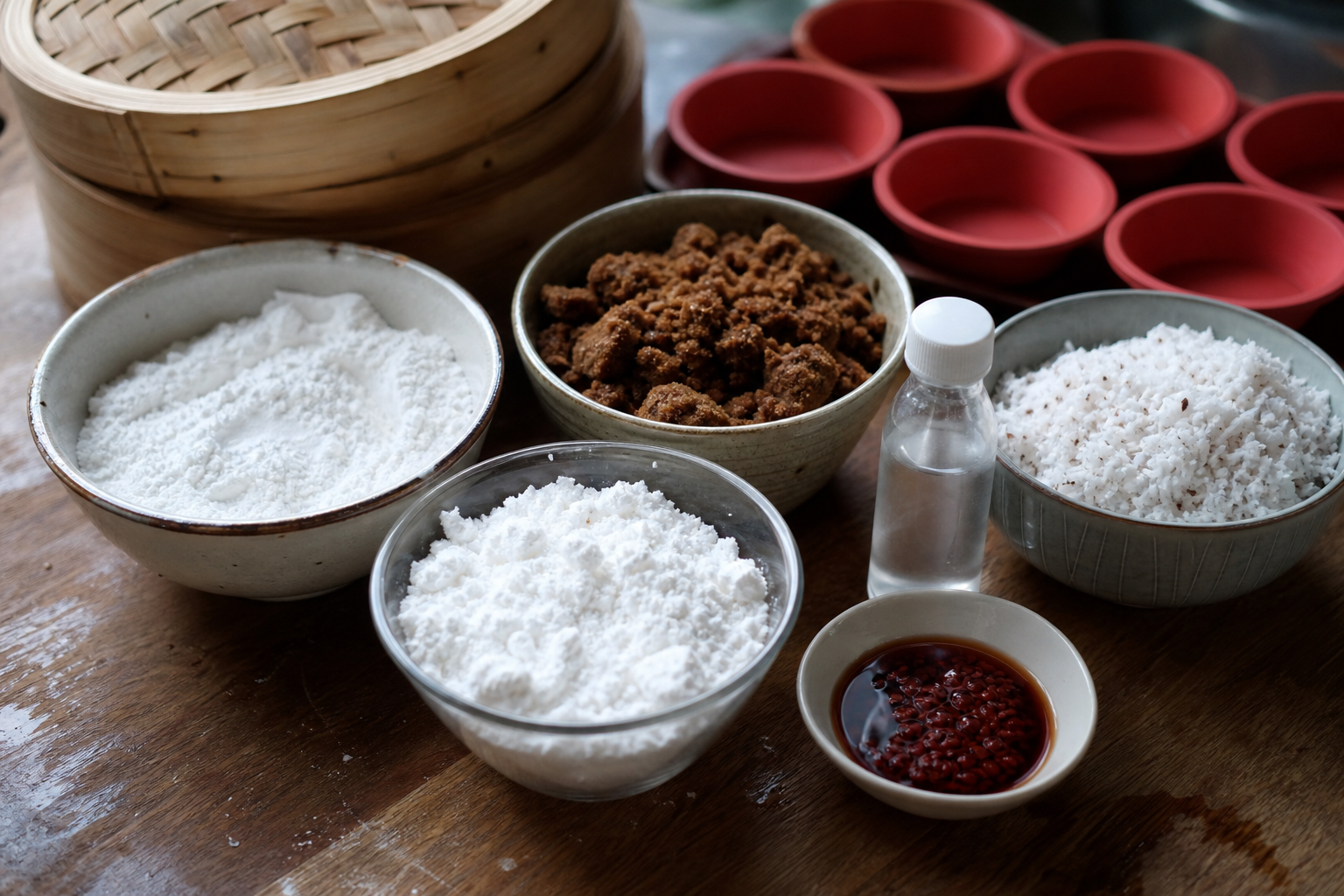 米粉、タピオカ粉、黒糖、リヒヤ、アナトー、ココナッツ、蒸し型を並べたクチンタの材料