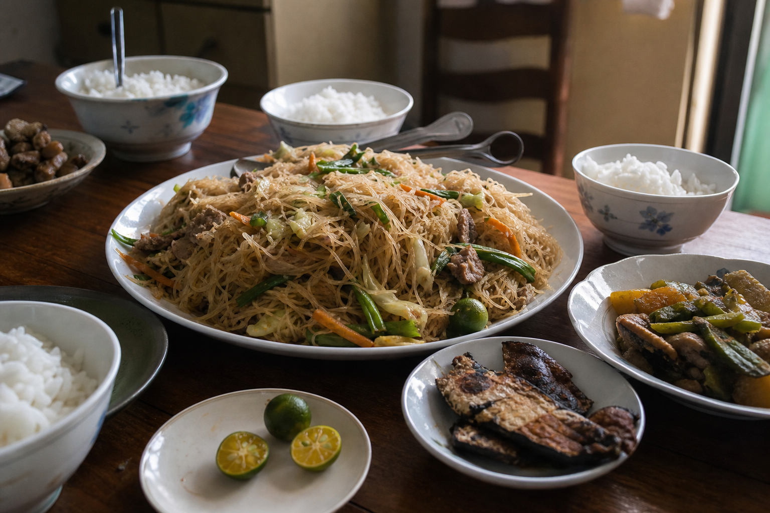 白米、焼き魚、パンシット・ビーフンを並べた家庭の食卓
