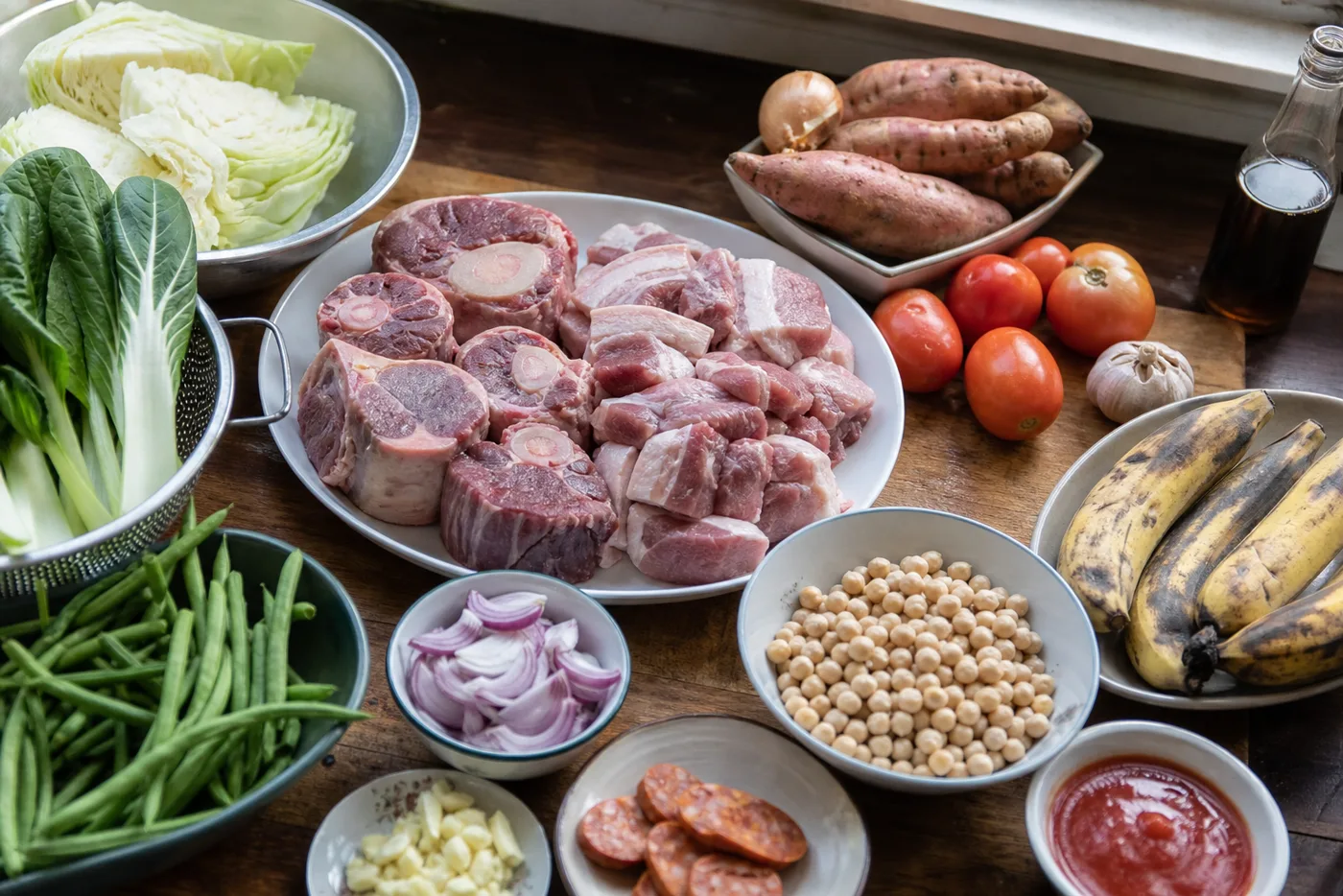 ポチェロの材料。肉、チョリソ、ガルバンゾ、サババナナ、野菜、トマトソースを台所に並べた様子
