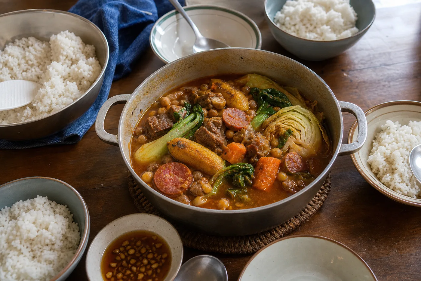 白いご飯と小皿を添えて食卓に置いたフィリピンのポチェロ
