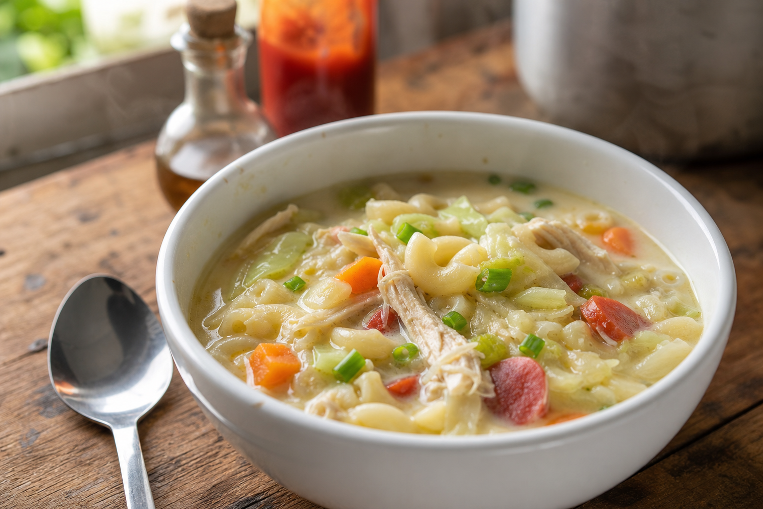 フィリピンのSopas。鶏肉、マカロニ、にんじん、キャベツ、ソーセージを入れた白いマカロニスープを木のテーブルに置いた一皿
