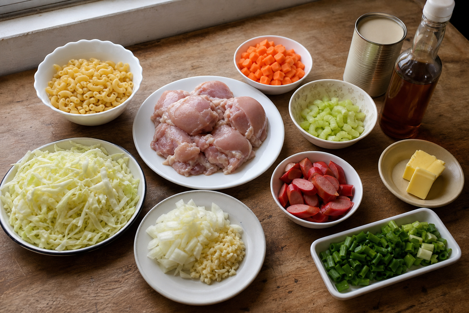 Sopasの材料。エルボーマカロニ、鶏もも肉、にんじん、セロリ、キャベツ、玉ねぎ、にんにく、エバミルク、パティス、ソーセージ、バターを並べている