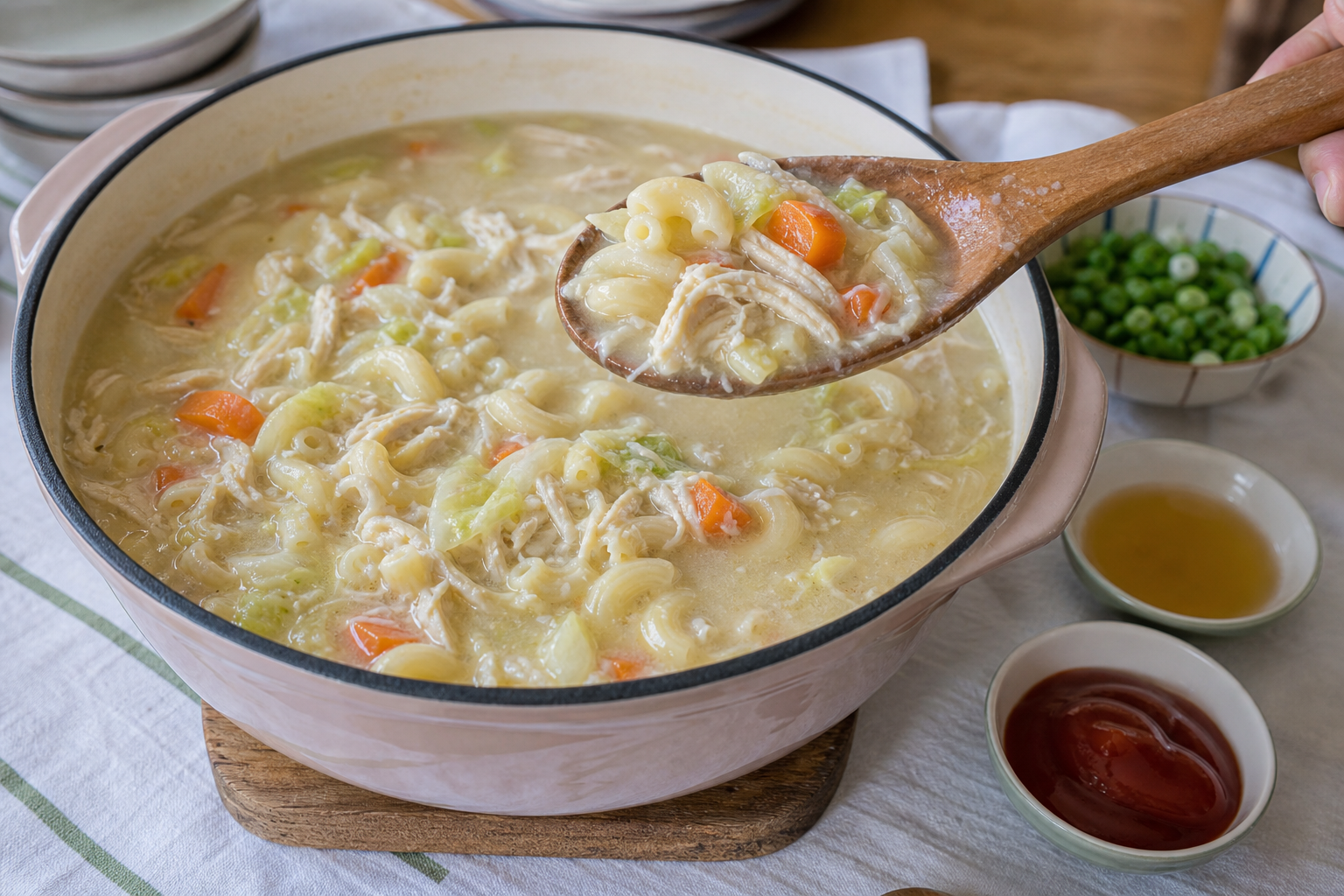 鍋ごと食卓に出したSopas。マカロニ、鶏肉、キャベツ、にんじんが白いスープに入り、横にパティスと青ねぎを置いている