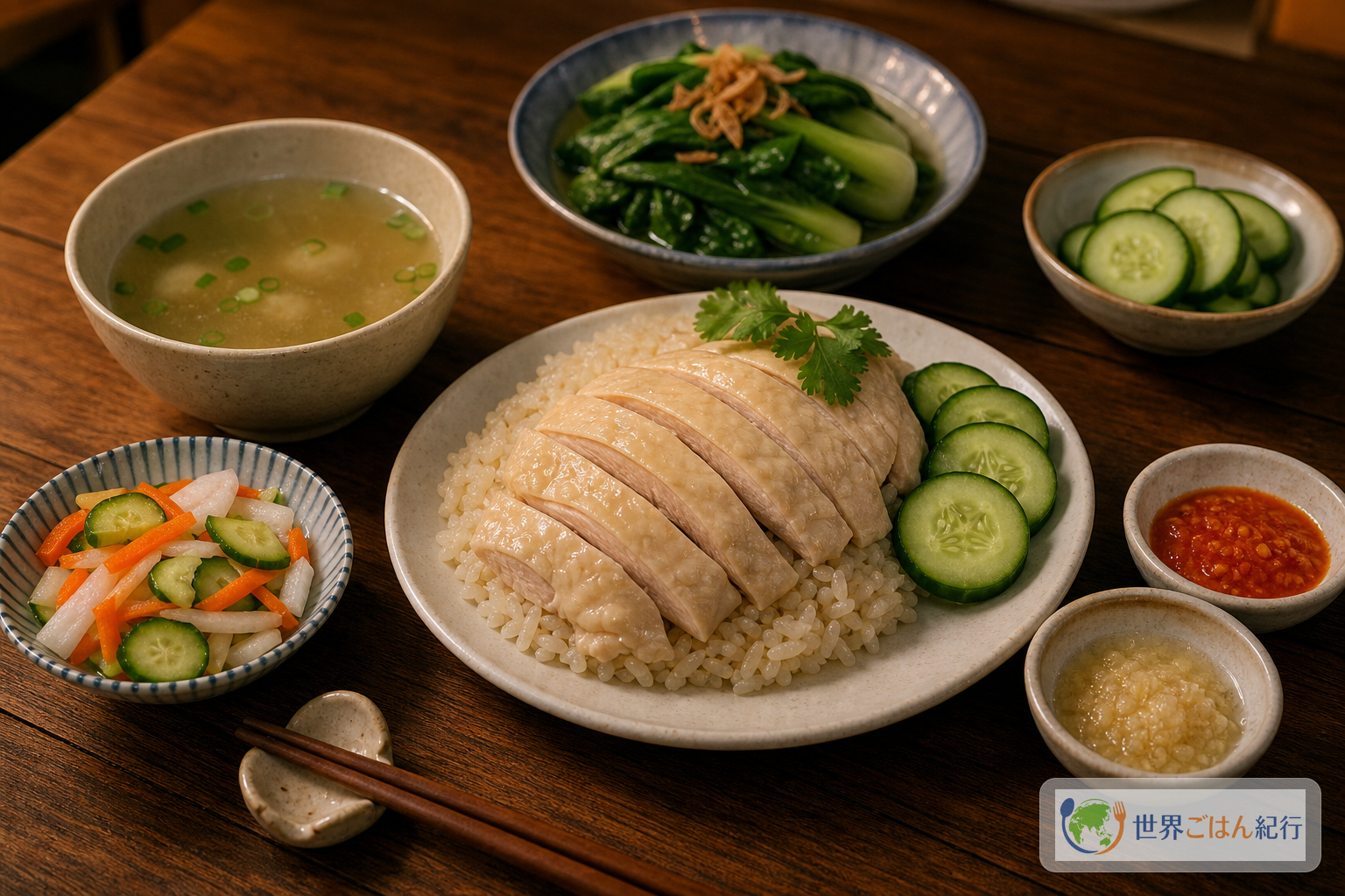 海南チキンライスとスープ、青菜、漬物風の副菜を並べた献立