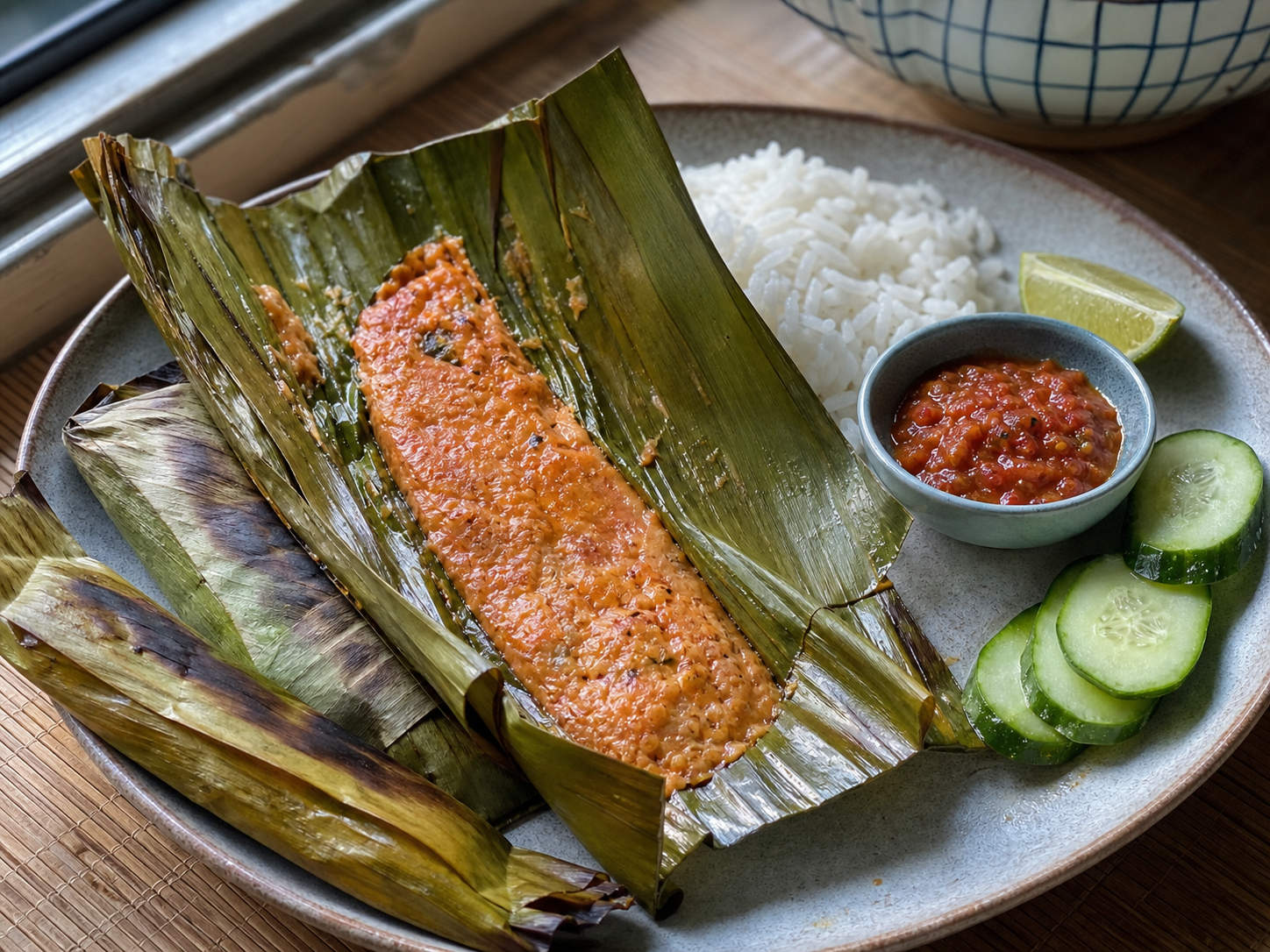バナナの葉を開いたオタオタ。赤い魚すり身を焼き、白いご飯、きゅうり、ライム、サンバルを添えたシンガポールの食卓