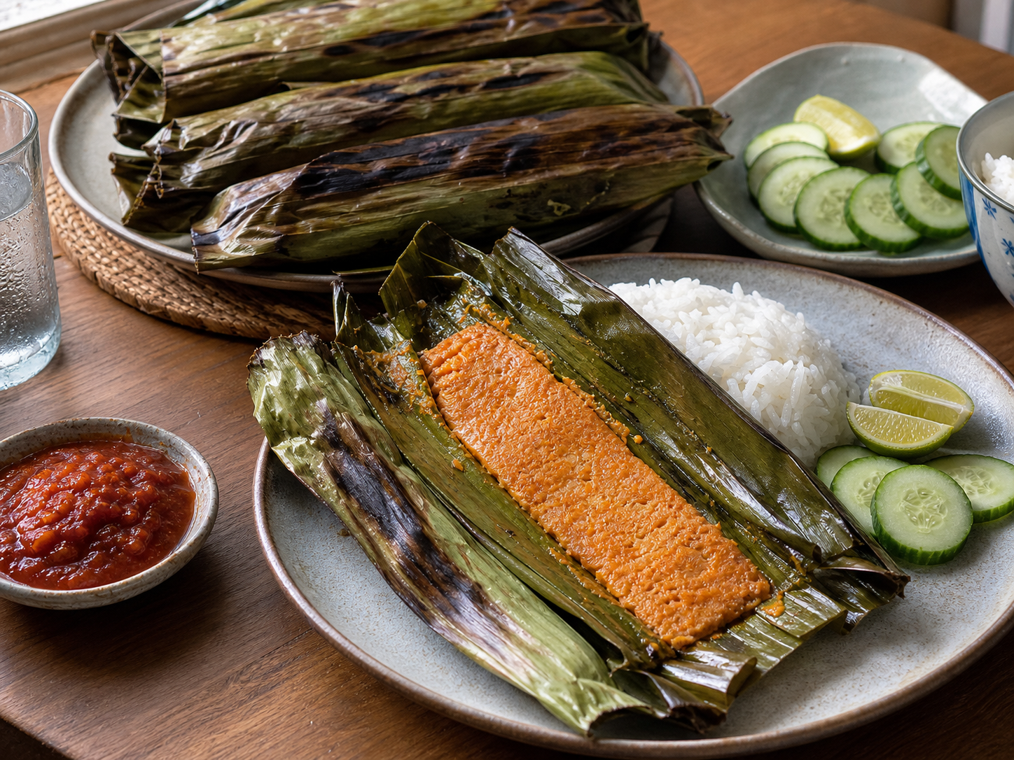 焼いたオタオタ、白いご飯、きゅうり、ライム、サンバルを小さな食卓に並べたシンガポール風の食べ方