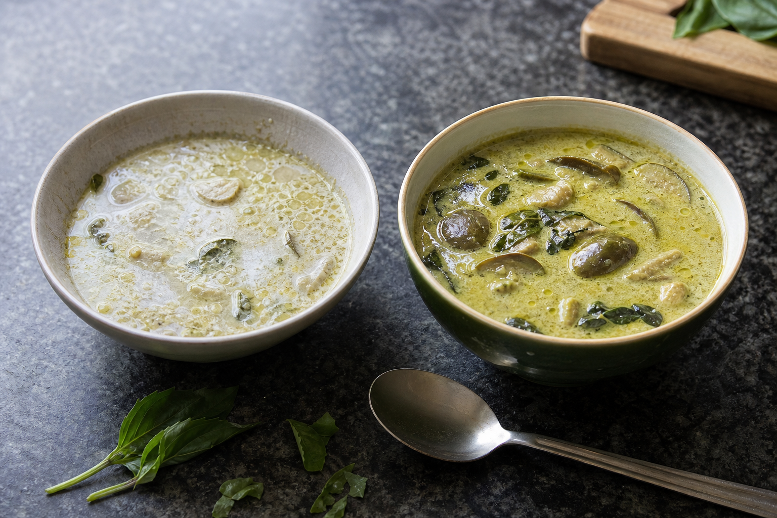 水っぽく分離したグリーンカレーと、油が浮いてつやのあるグリーンカレーを並べた比較