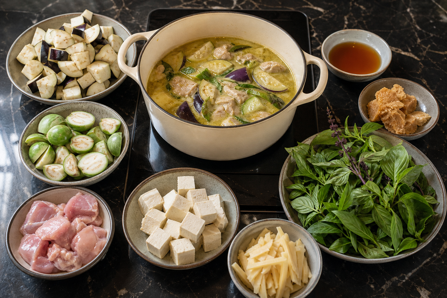 鶏肉、豆腐、タイなす、日本のなす、竹の子、バジルを並べたグリーンカレーの代替食材