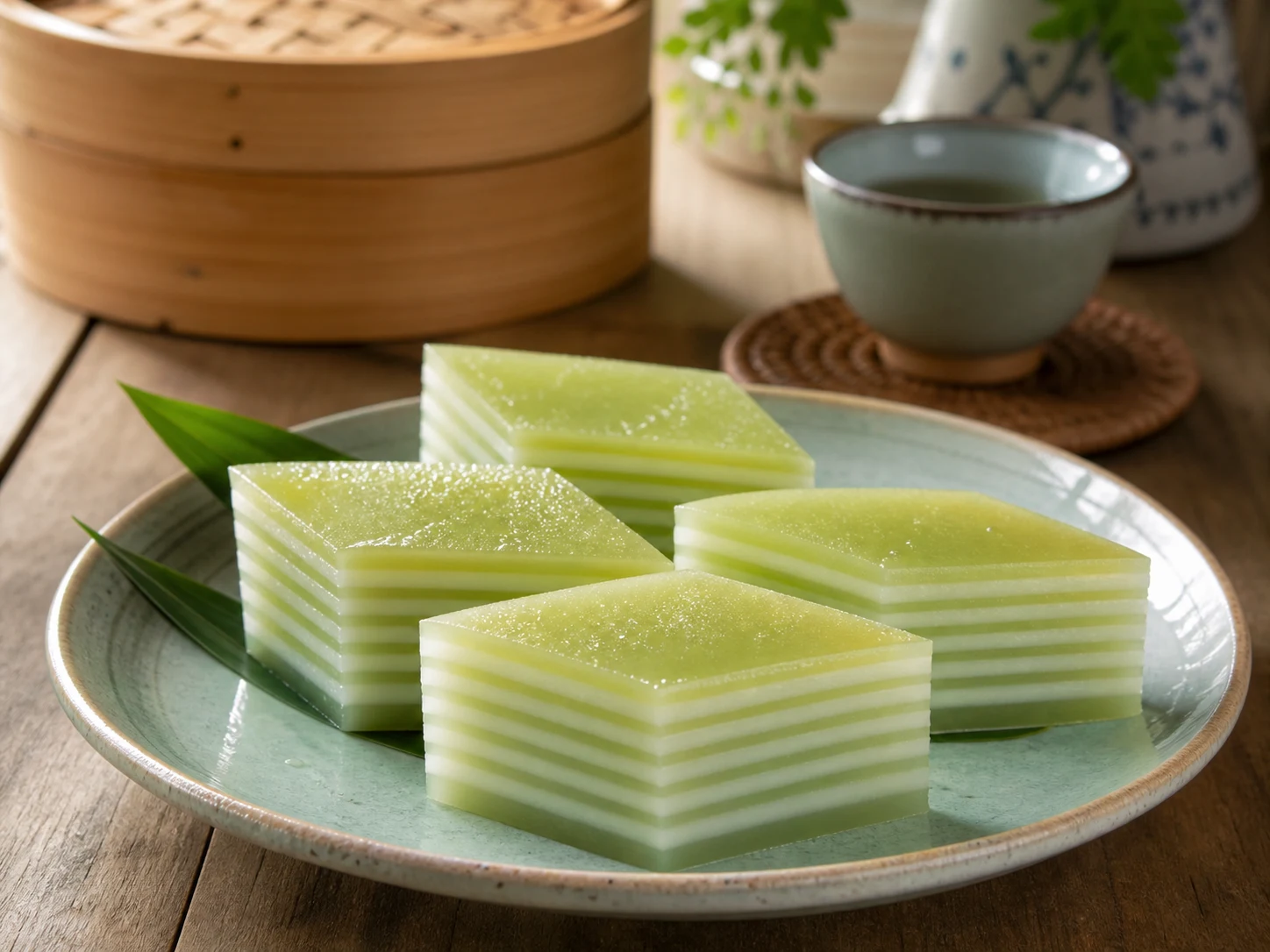 緑と白の9層に蒸し上げたタイの菓子カノム・チャンを菱形に切り分けた皿