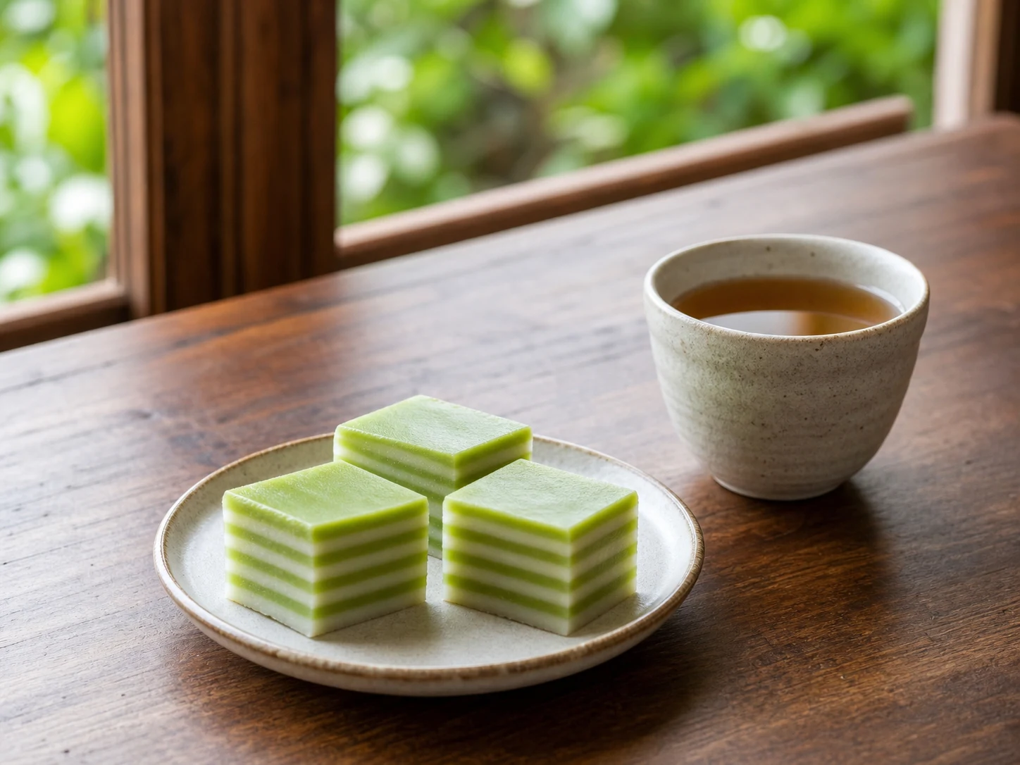 緑と白のカノム・チャンを蒸し器の横に置いたタイ菓子の食卓