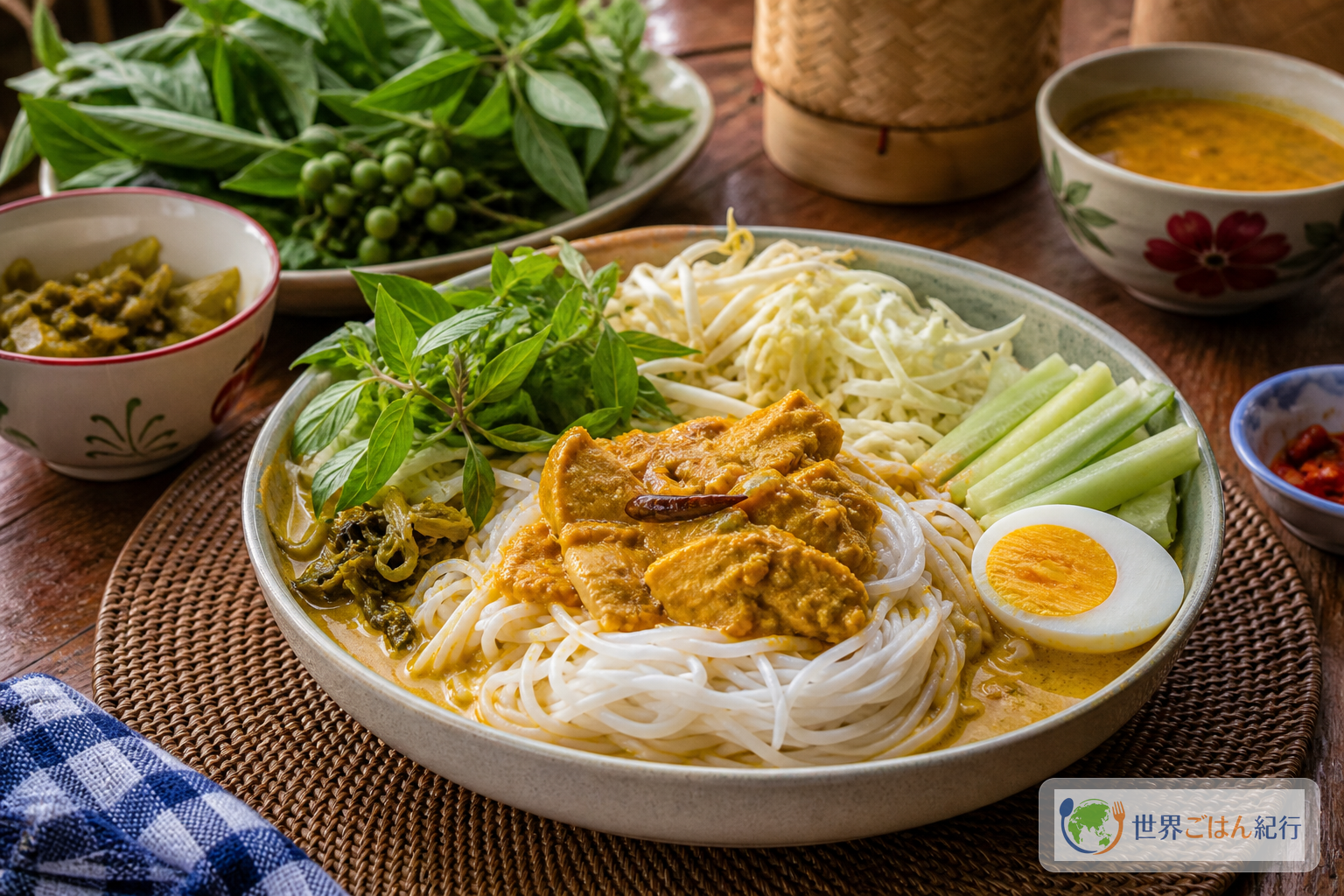 発酵米麺に魚とココナッツのナムヤーをかけ、野菜とゆで卵を添えたタイの食卓