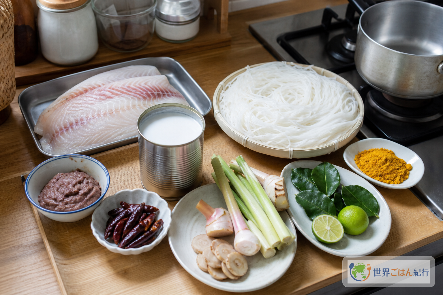 日本の台所でカノムチーン・ナムヤーを再現する材料。乾燥米麺、魚、ココナッツミルク、タイの香味素材が調理台に並んでいる
