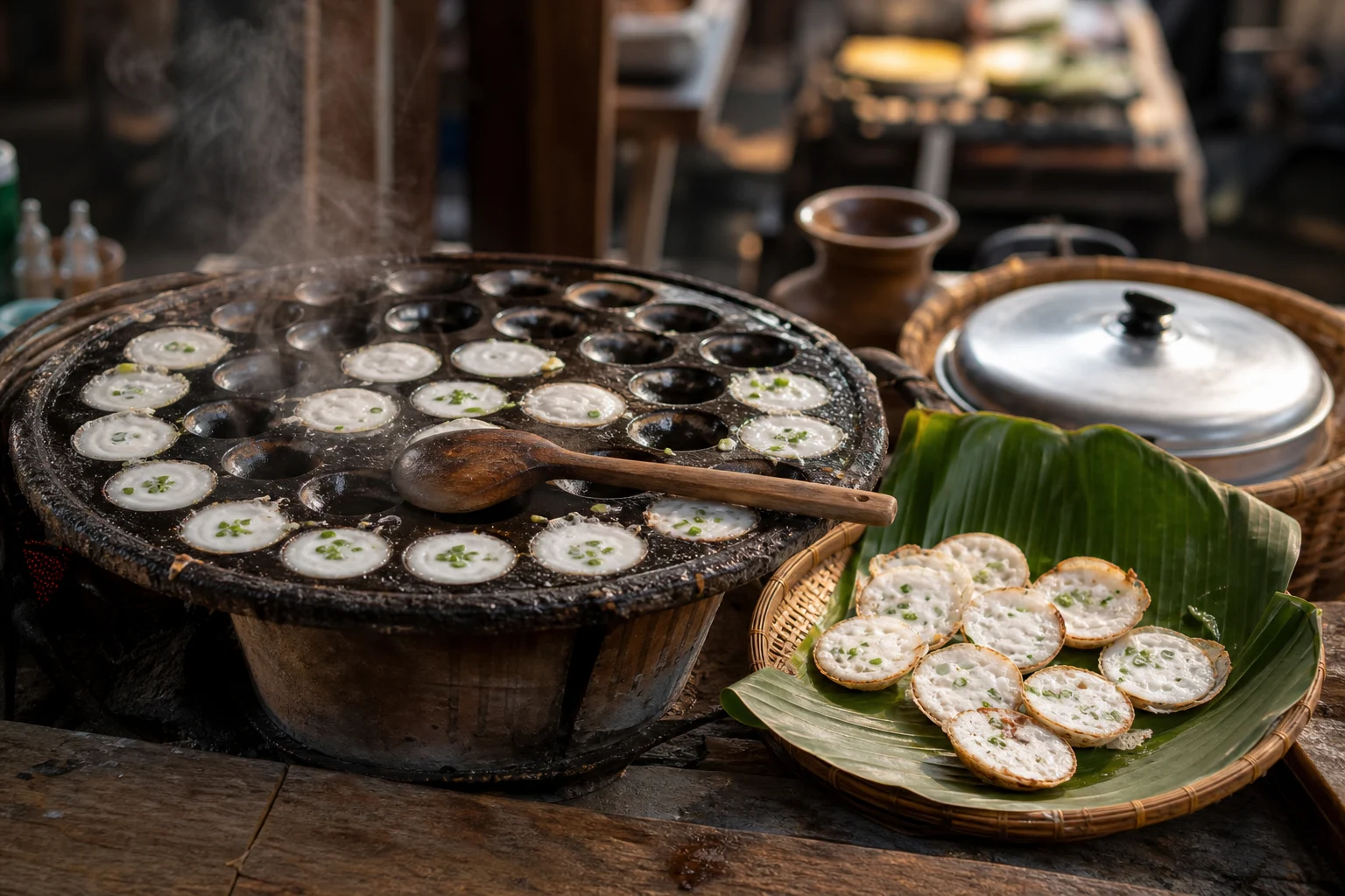 タイの屋台を思わせる木の台に、カノムクロックの鍋と焼きたての菓子を並べた食卓