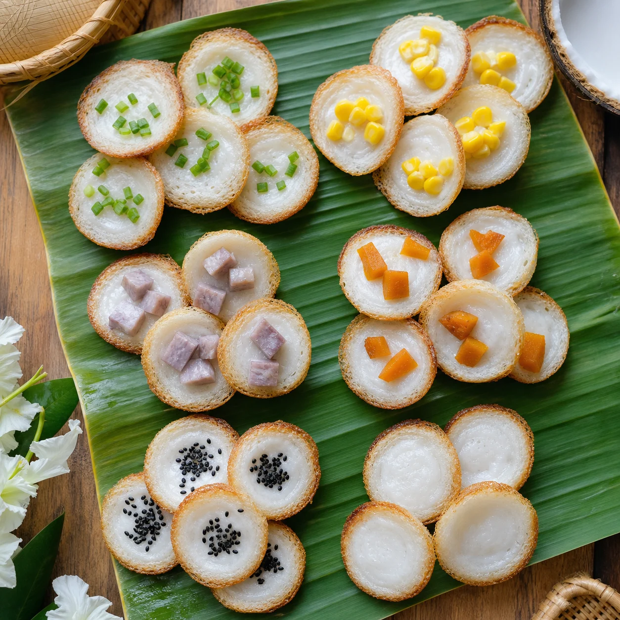 青ねぎ、とうもろこし、里芋、かぼちゃをのせたカノムクロックの食べ比べ