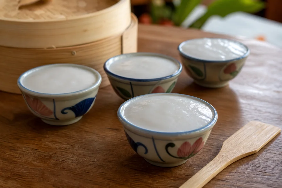 小さな陶器のカノム・トゥアイを蒸籠と小さなへらとともに並べた食卓
