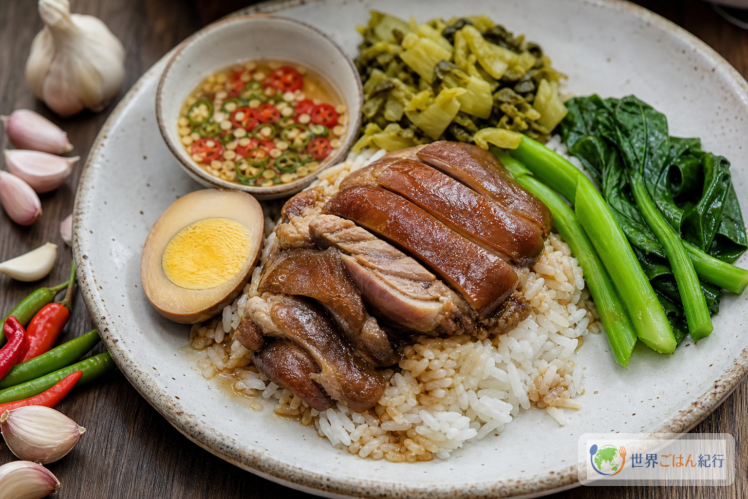 ジャスミンライスにタイ風豚足煮込み、煮卵、青菜、からし菜漬け、酢唐辛子だれを添えたカオカームー