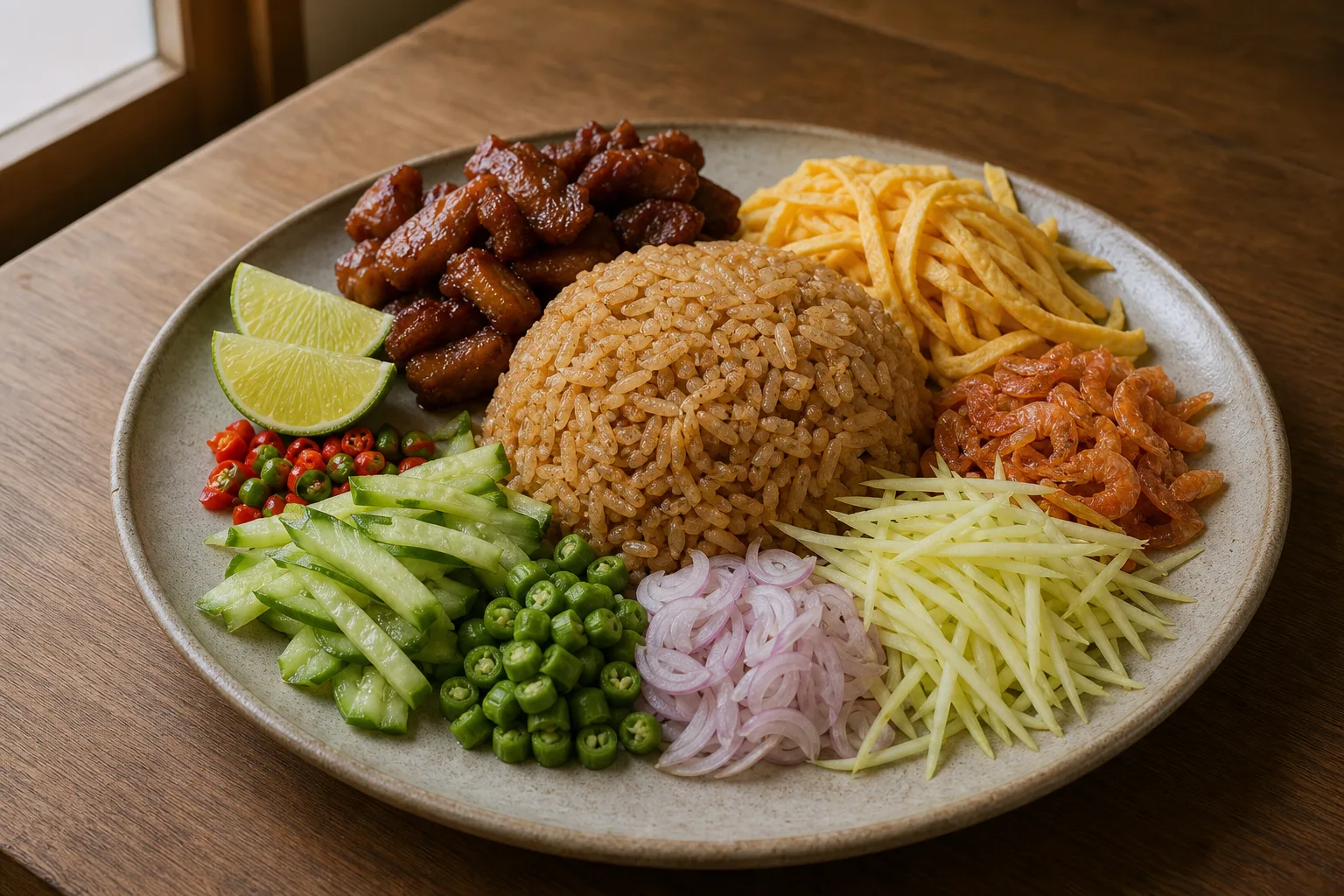 カオクルックガピ。カピで炒めたごはんの周りに甘い豚肉、卵、青マンゴー、野菜を別々に盛ったタイ料理