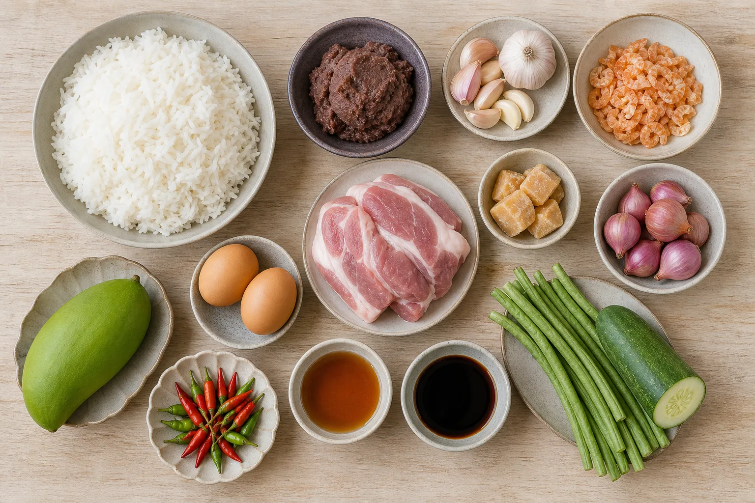 カオクルックガピの材料。冷ましたジャスミンライス、カピ、豚肉、青マンゴー、卵、干しえび、野菜を並べた俯瞰写真