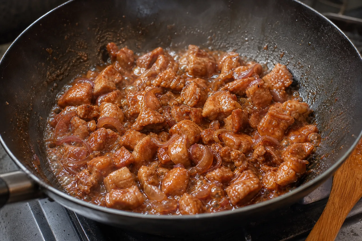 手順1: 甘い豚肉を煮て、最後に照りを出す