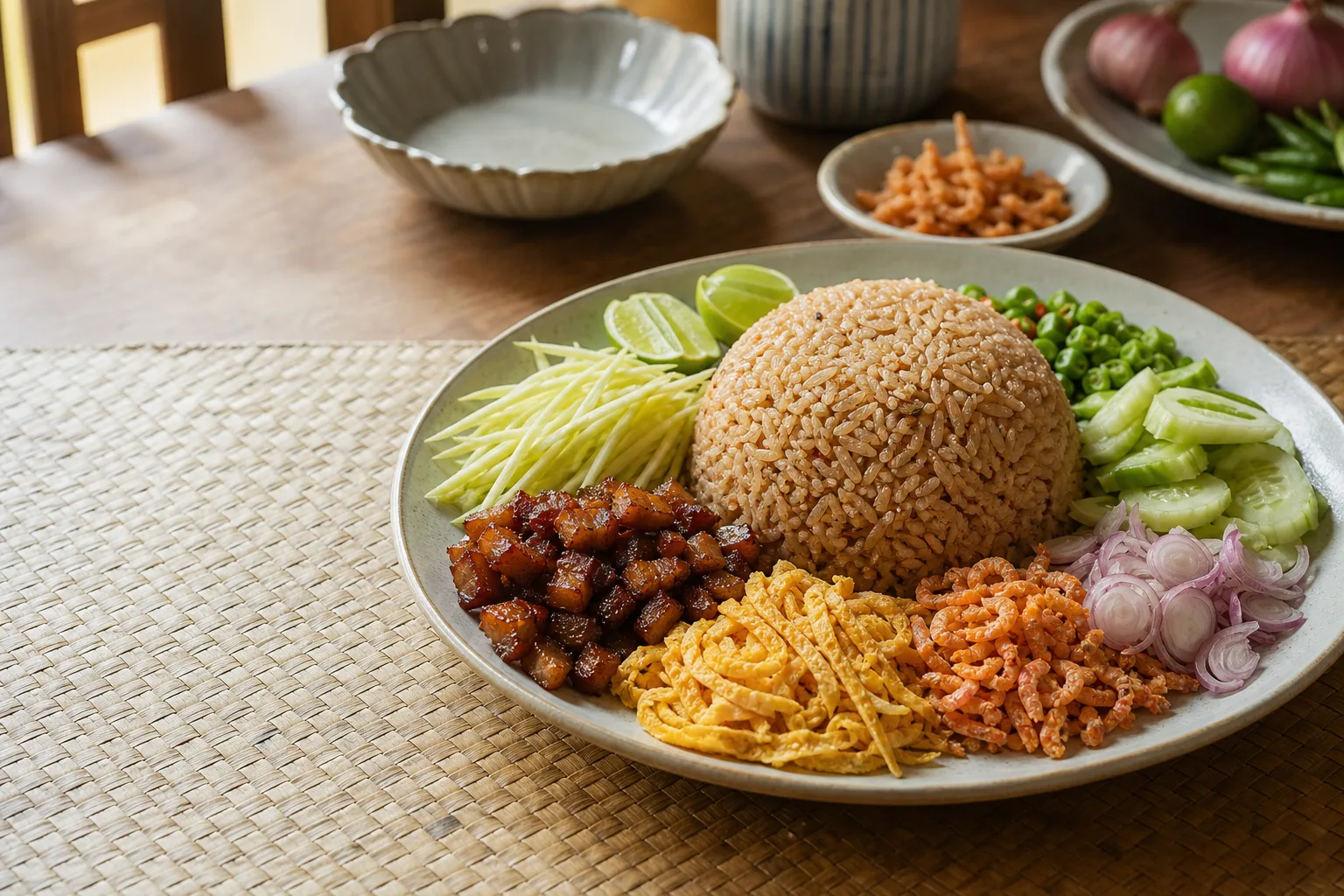 カオクルックガピを思わせるタイの食卓。中央のカピごはんの周囲に具を別々に並べている