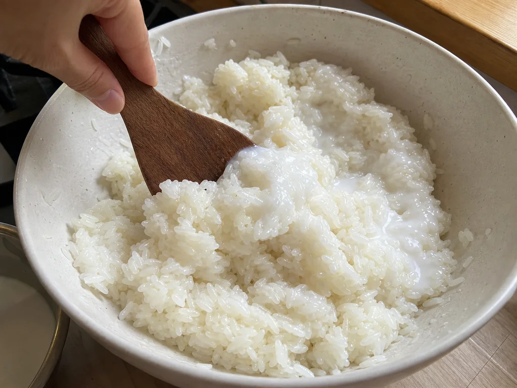手順4: 温かい米へソースを含ませる