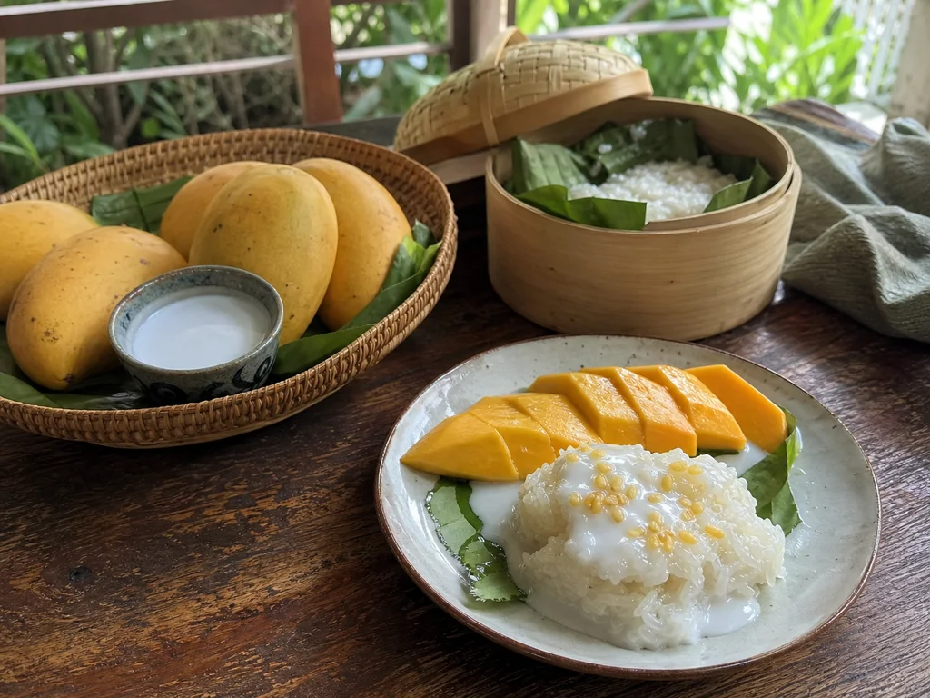 タイの果物ともち米の甘味を想像させる、木の卓上に置いたマンゴーと蒸籠