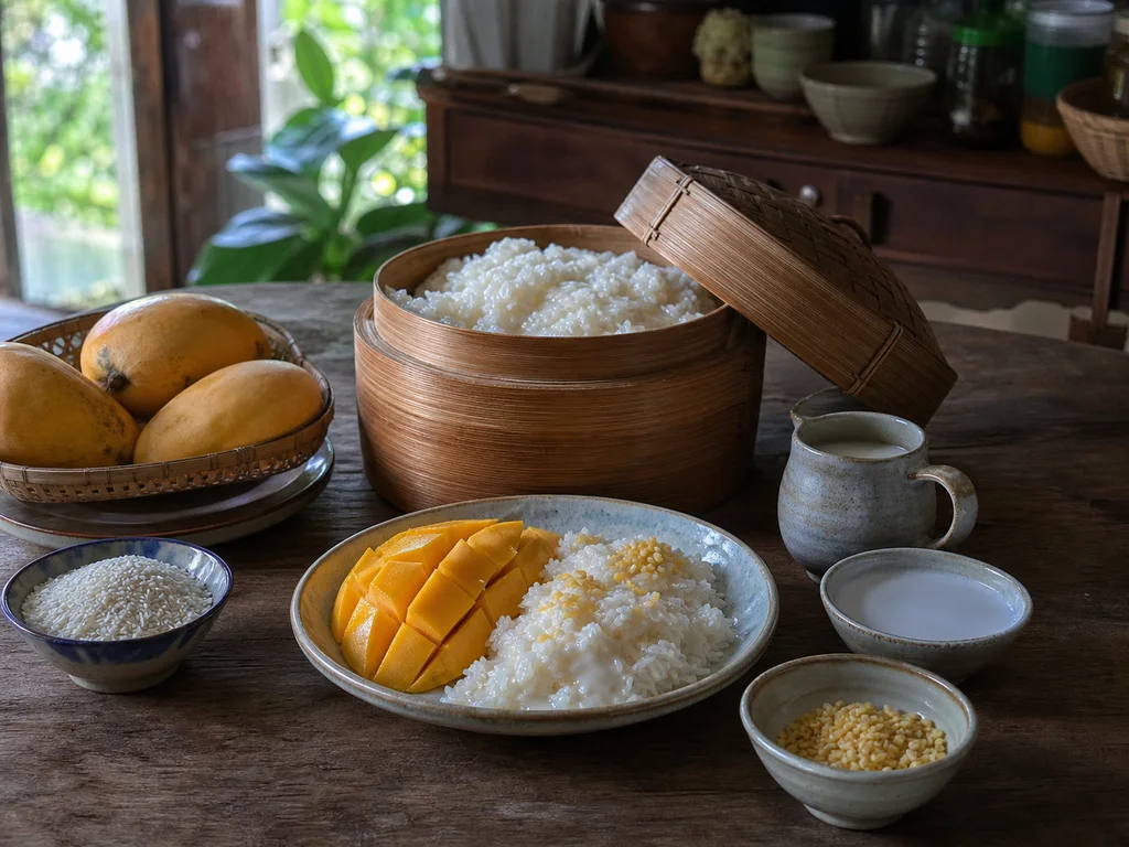 マンゴーもち米、蒸籠、果物を囲んだタイ料理の食卓