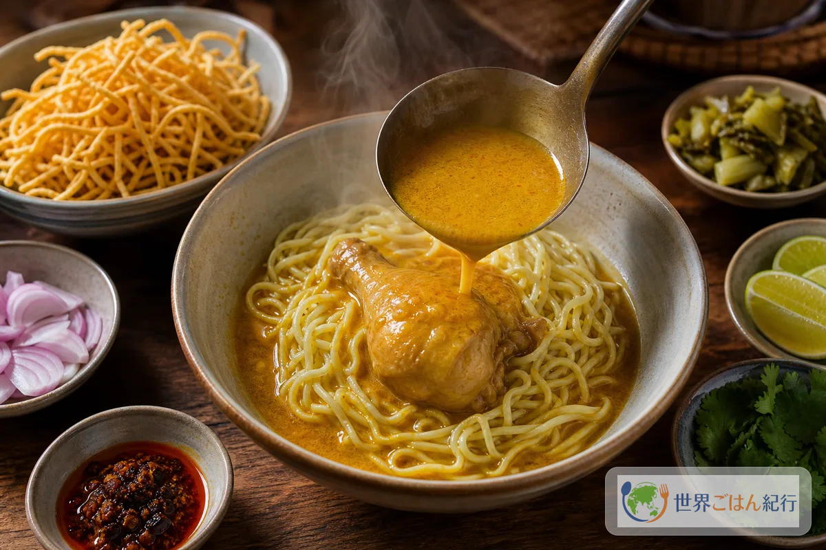 手順6: ゆで麺を盛り、スープを注ぐ（6分）